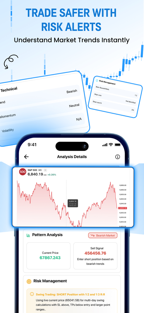 Tradvio AI app interface showing chart analysis details and risk management alerts for a bearish market trend