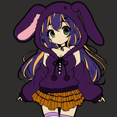 pretty anime girl wearing a fluffy hoodie with bunny ears on the hood and a skirt