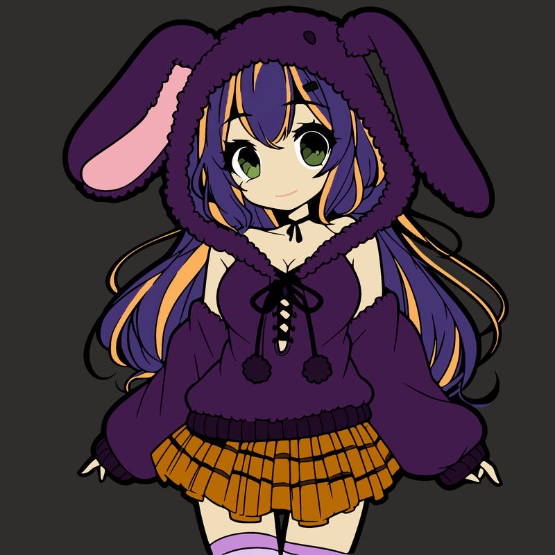 pretty anime girl wearing a fluffy hoodie with bunny ears on the hood and a skirt