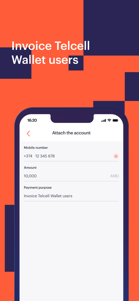 Telcell Business - Screenshot of the Telcell Business app interface for invoicing Telcell Wallet users