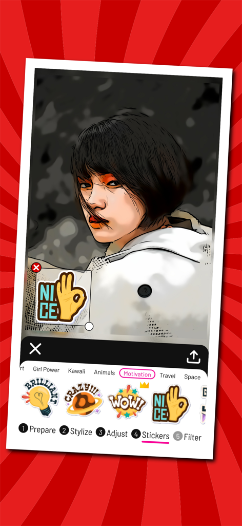 Toonita: Cartoon & Comic Maker - Adding a motivational sticker to a cartoon portrait in the Toonita app editor