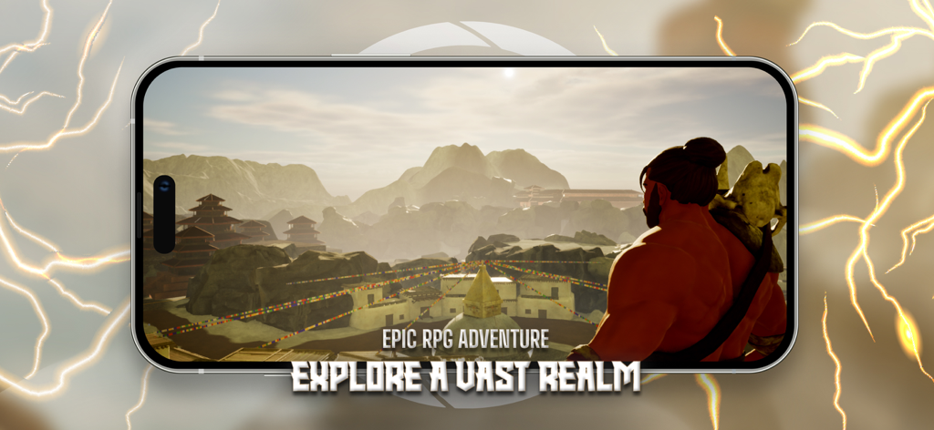 Nepa: Saga - Epic Offline RPG - Un guerrero observando un antiguo pueblo del Himalaya en Nepa Saga RPG