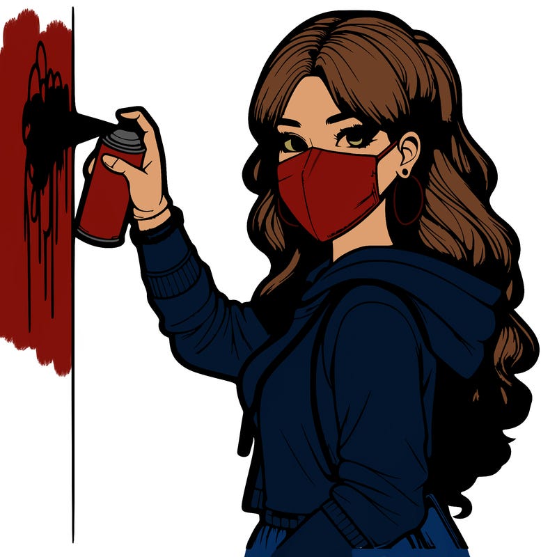 realistic girl with mask spray painting a wall