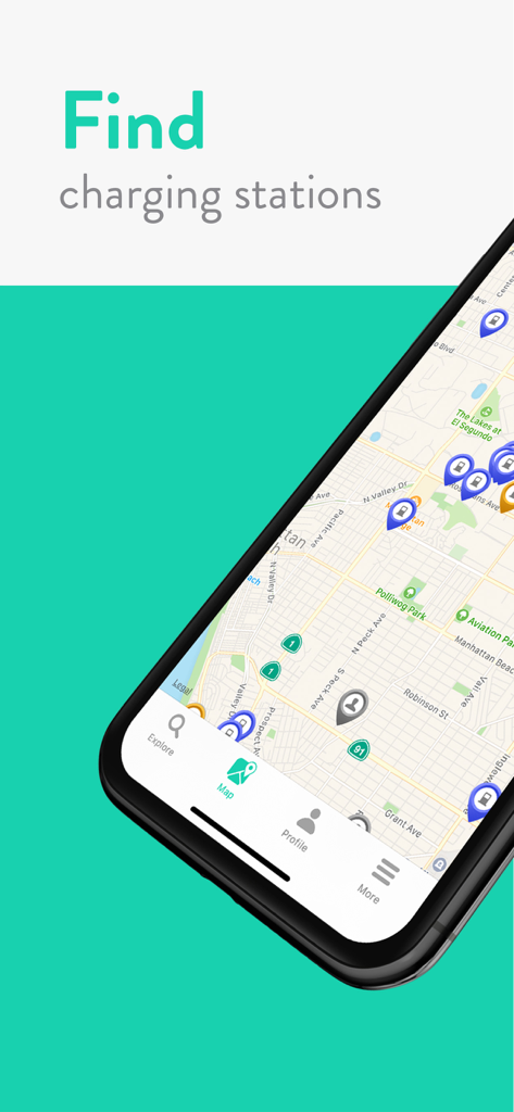 L'interface de l'application ChargeHub affiche une carte avec plusieurs icônes de bornes de recharge pour véhicules électriques et le texte « Trouver des bornes de recharge ».
