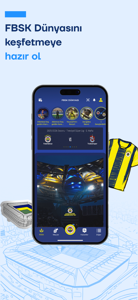 Fenerbahçe SK - Home screen of the Fenerbahce SK Super App showing news stories and match fixtures