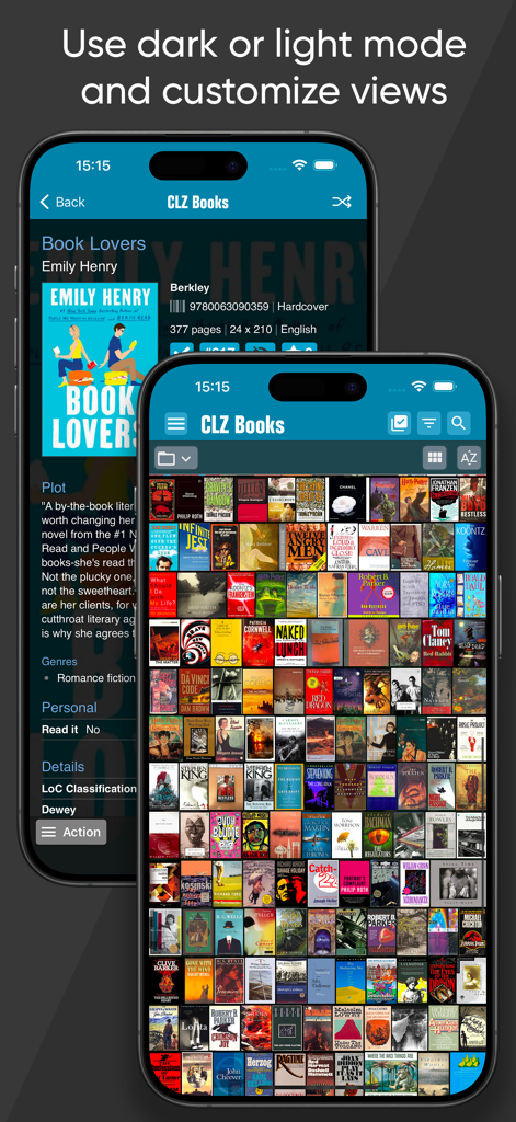 CLZ Books - library organizer - CLZ Books app interface showing book details and a grid view of a library collection in dark and light modes