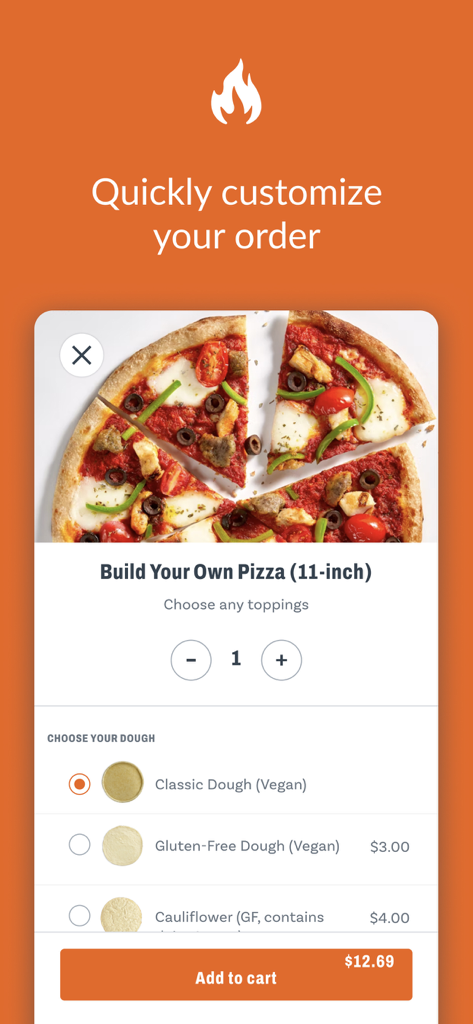 Blaze Pizza mobile app interface for building and customizing a pizza with dough and topping options