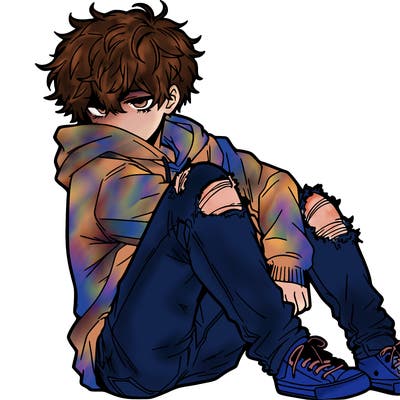 a male hoddie ripped jeans messy hair anime