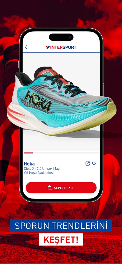 Intersport mobile app interface featuring a Hoka Cielo running shoe