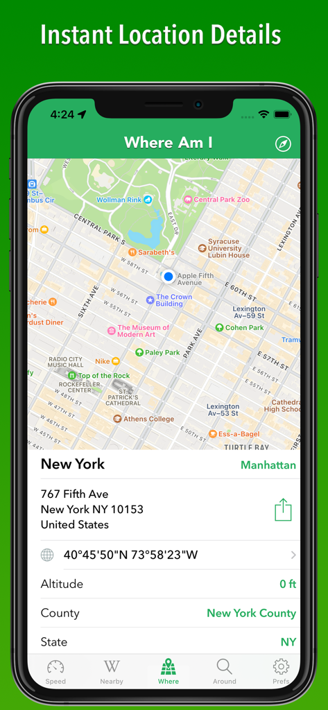 Captura de ecrã de iPhone da aplicação Onde Estou a mostrar endereço, coordenadas e altitude em tempo real em Nova Iorque
