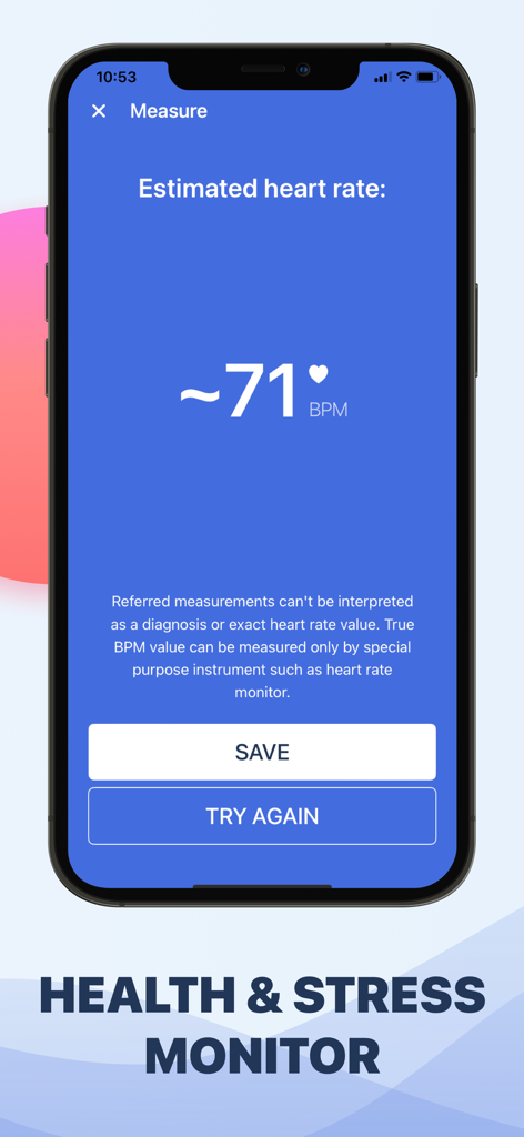 Blood Oxygen app heart rate measurement displaying 71 BPM with health and stress monitor label.