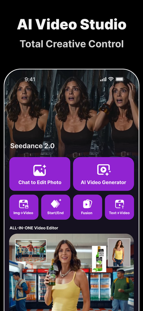Snapana: AI Video Generator - Snapana AI Video Studio dashboard featuring video generation and editing tools.