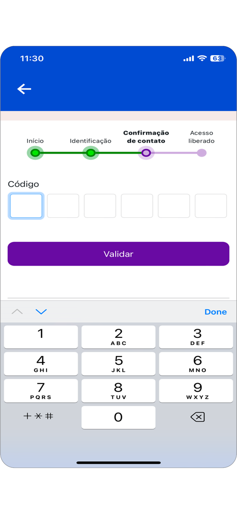 Equatorial Energia - 数字キーパッドとプログレスバーを備えたEquatorial Energiaアプリの確認コード入力画面