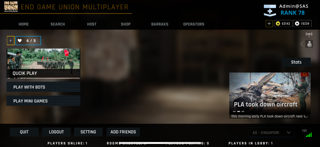 End Game - Union Multiplayer - Main menu of the End Game Union Multiplayer app showing game modes like Quick Play and Mini Games with a military news update.