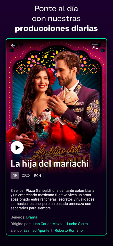 Canal RCN app interface showing the information page for the drama series La hija del mariachi