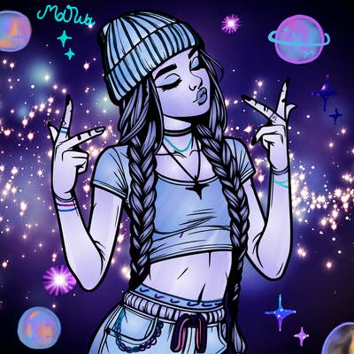 realistic teenage girl with braids and a beanie and crop top doing 🫶🏼