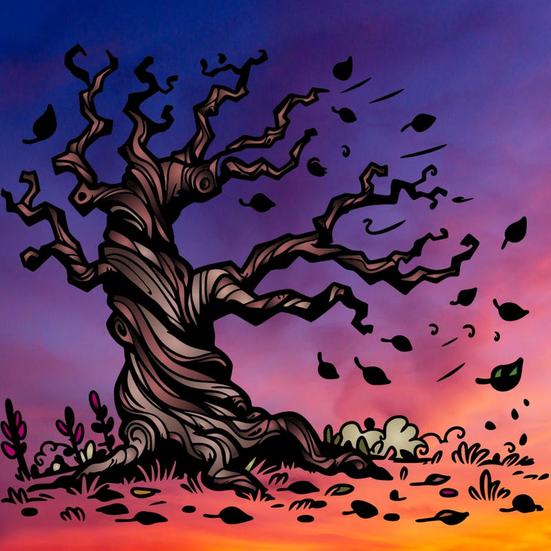 old knarled tree loosing leaves