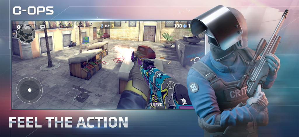 First-person perspective of Critical Ops gameplay featuring a colorful assault rifle skin and a tactical operator with a sniper rifle