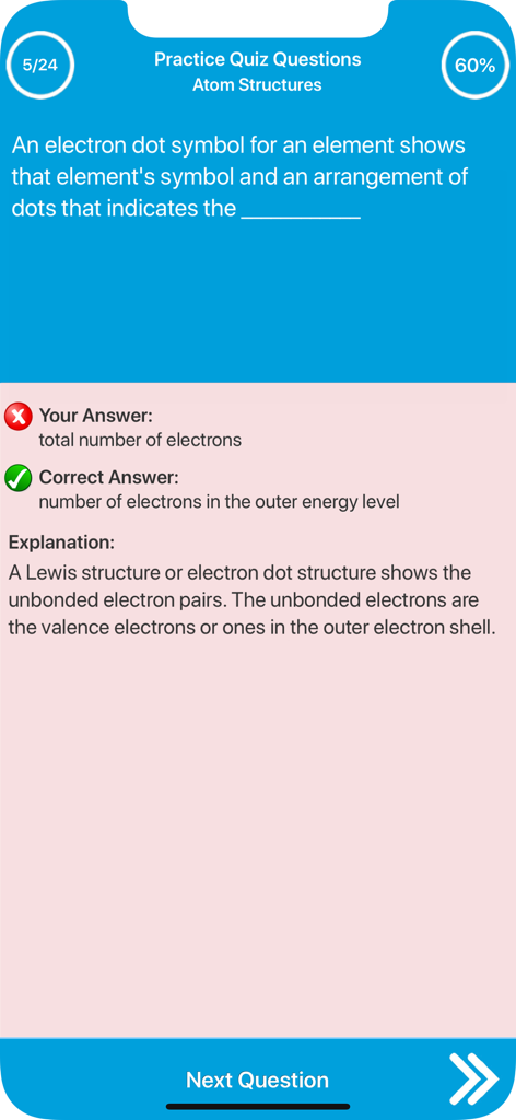 Science : Learn Chemistry - 化学練習クイズ画面。原子構造に関する問題と、正解および解説が表示されています。