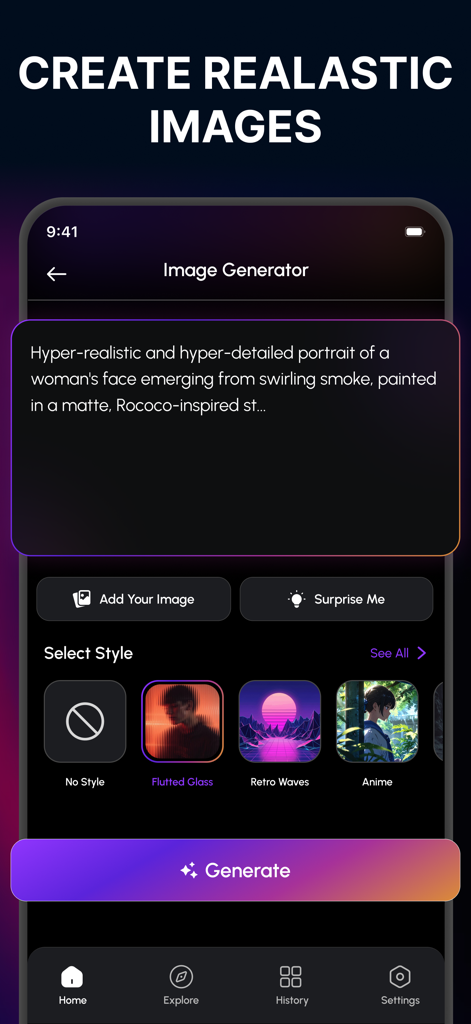 AI image generator - Maker - AI image generator app interface showing a text prompt for a hyper-realistic portrait with style selection options like Anime and Retro Waves.