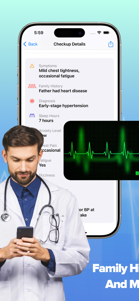 Heart Health Checkups - A doctor reviewing heart health checkup details and symptom logs on a mobile app