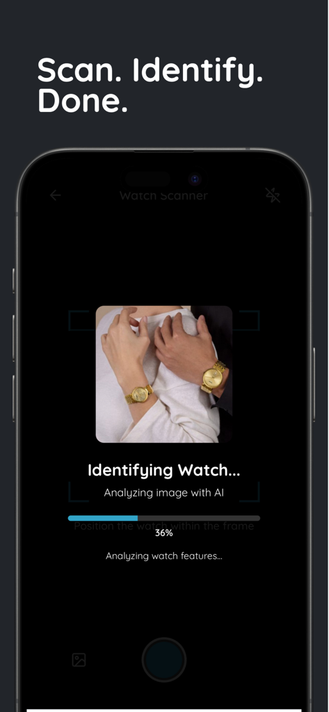 Watch Identifier and Value - Interface of the Watch Identifier app scanning a luxury watch with AI technology