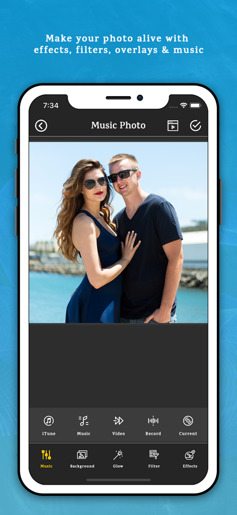 Video Maker With Music - Smartphone screen showing Video Maker With Music app editing a photo with music and filters