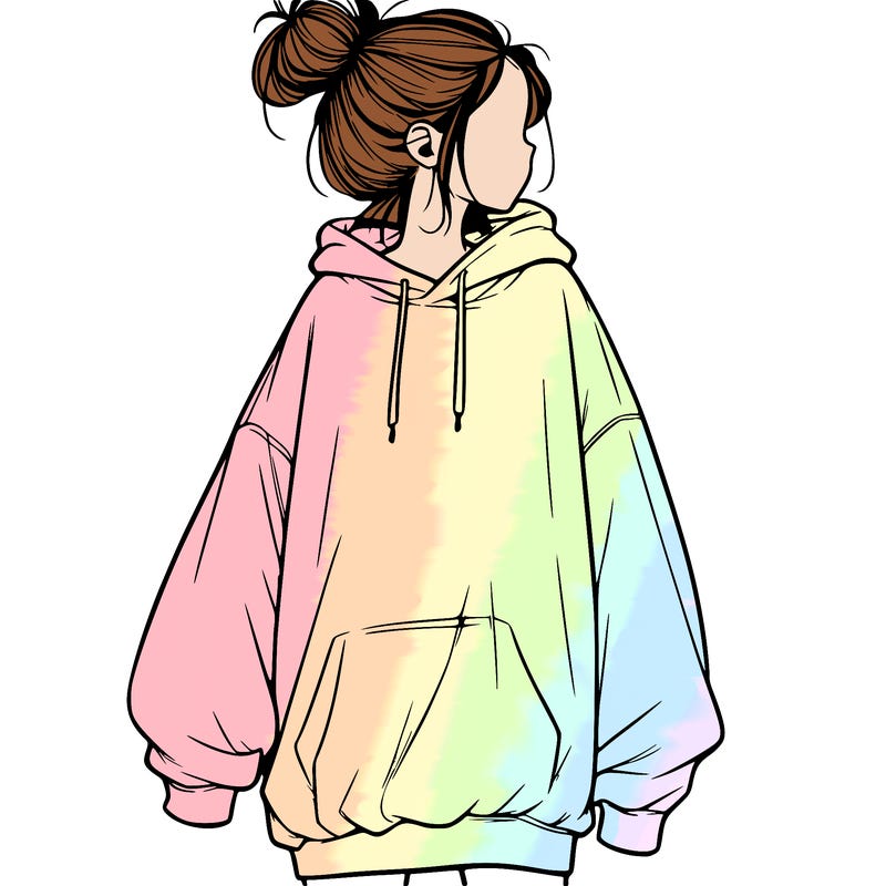 realistic girl with a oversized sweatshirt on and a bun