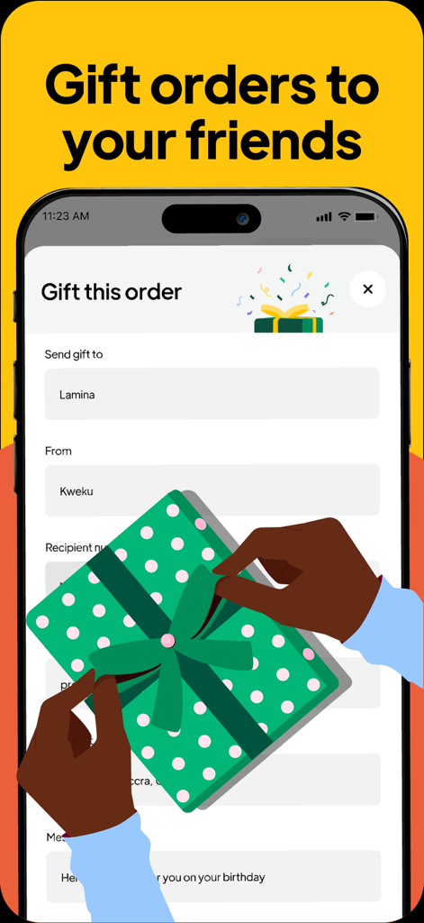 Chowdeck | Food Delivery - Chowdeck mobile app screen showing the gift order feature with hands holding a green gift box