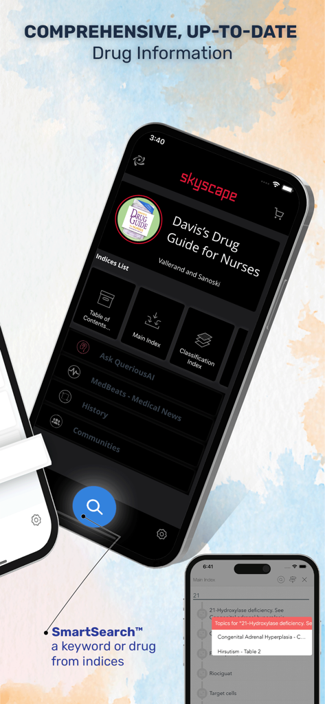 Davis’s Drug Guide for Nurses - Interface of Daviss Drug Guide for Nurses app highlighting the SmartSearch feature for quick drug information access