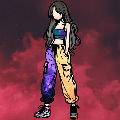 girl in baggy pants crop top and long hair