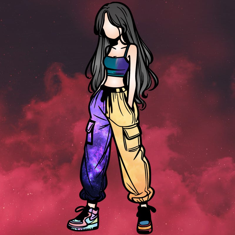 girl in baggy pants crop top and long hair