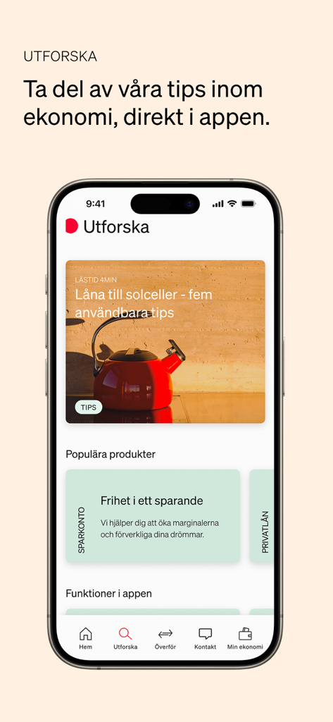 Marginalen Bank Privat - Marginalen Bank Privat app explore screen showing financial tips and banking products like savings accounts.
