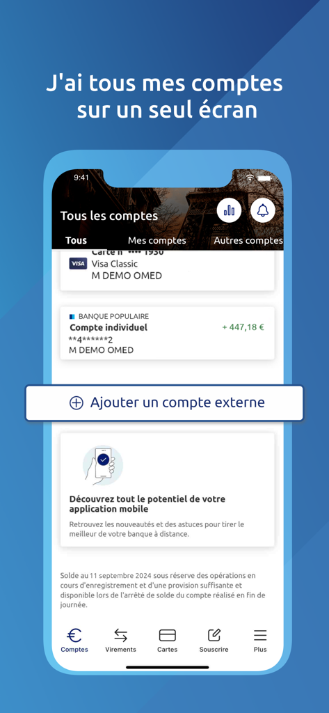 Banque Populaire app screen showing multiple bank accounts consolidated on a single dashboard