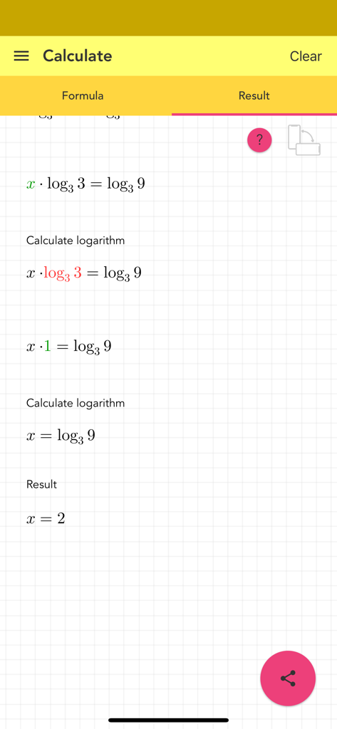 Simple Logarithm PRO - Step by step logarithm equation solution showing calculation stages and final result