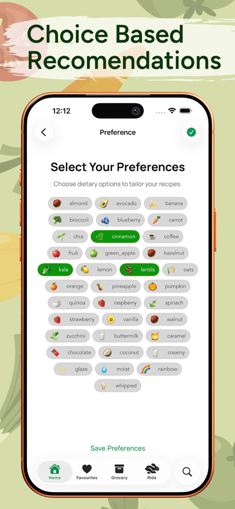 Healthy Recipes NutriBites app screen for selecting food preferences to get personalized recipe recommendations