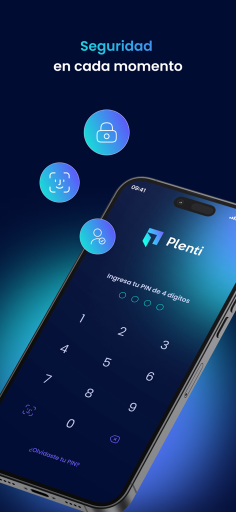 Plenti app security screen featuring a four digit PIN entry and biometric login options