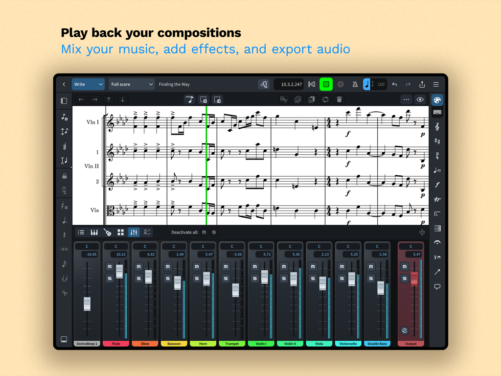 Dorico - Compose Music - Dorico app interface displaying a musical score with an integrated multi-track audio mixer on an iPad