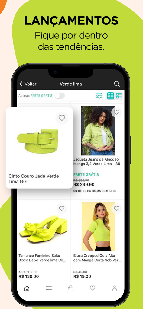 Interface de l'application Zattini montrant une collection d'articles de mode vert citron, y compris des vêtements et des accessoires.
