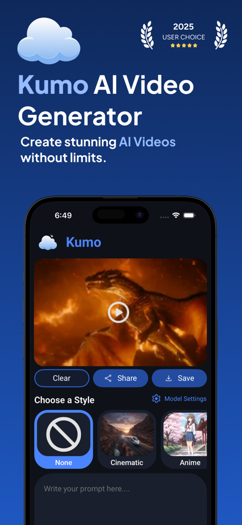 Kumo - AI Video Generator - Interface do aplicativo Kumo AI Video Generator mostrando um vídeo de dragão gerado e opções de estilo cinematográfico.