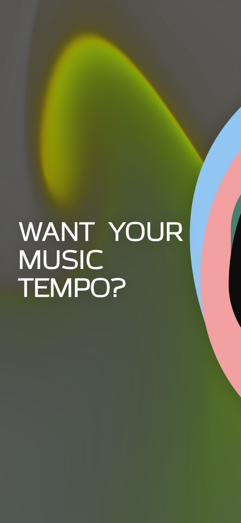 Live BPM: Tap Tempo & Counter - Pantalla introductoria de la aplicación Live BPM con el texto ¿Quieres el tempo de tu música? sobre un fondo oscuro con formas abstractas coloridas.