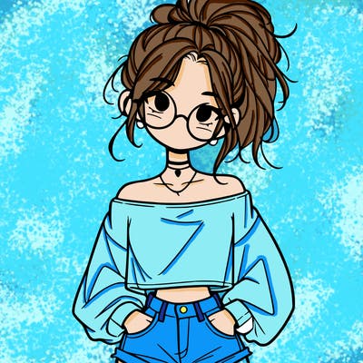 girl with a messy ponytail glasses a baggy crop top and jean shorts