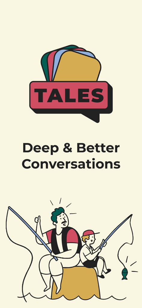 Pantalla de inicio de la aplicación Tales que muestra el logotipo y una ilustración de un padre y un hijo pescando juntos para simbolizar una conexión profunda