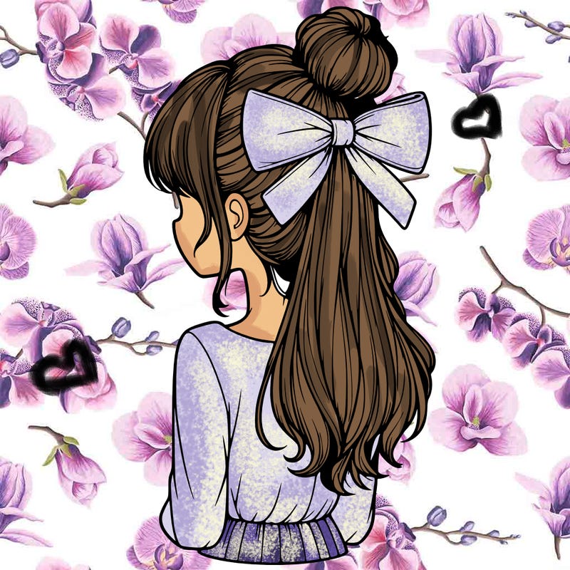 realistic girl  with hip length hair a bun and a big bow on the back of head