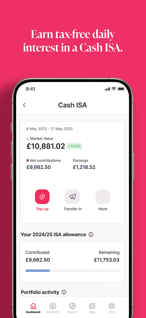 Moneyfarm: Investing & Saving - Ein Bildschirm der mobilen App mit dem Moneyfarm Cash ISA Dashboard, das Portfoliowert, Nettobeiträge und den verbleibenden Jahresfreibetrag anzeigt.
