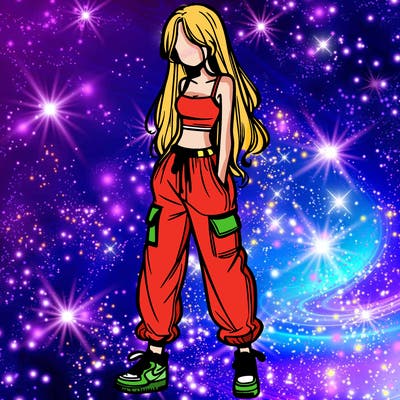 girl in baggy pants crop top and long hair