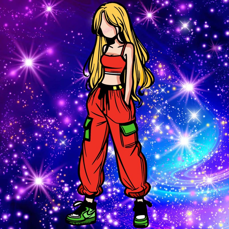 girl in baggy pants crop top and long hair