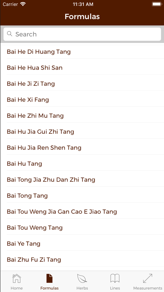 Chinese Medicine Classics - A searchable list of traditional Chinese medicine formulas in the app interface.