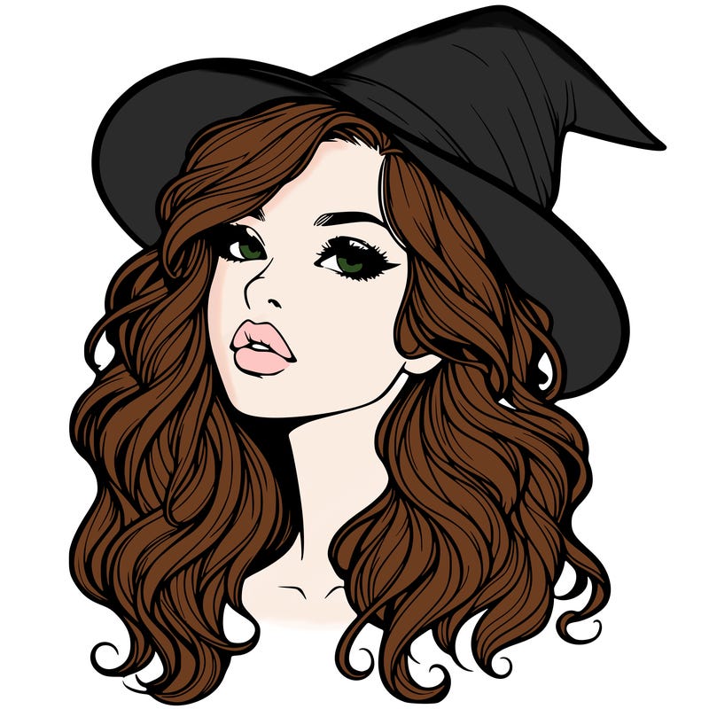 realistic witch girl with wavy hair and lips