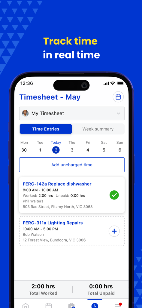 Fergus Go mobile app interface showing real-time job timesheets and task management for trades professionals